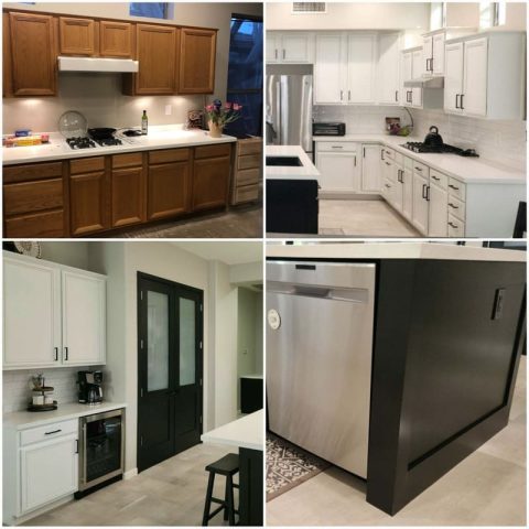 Honey oak updated kitchen with refinishing beverage fridge and wrapped island before after